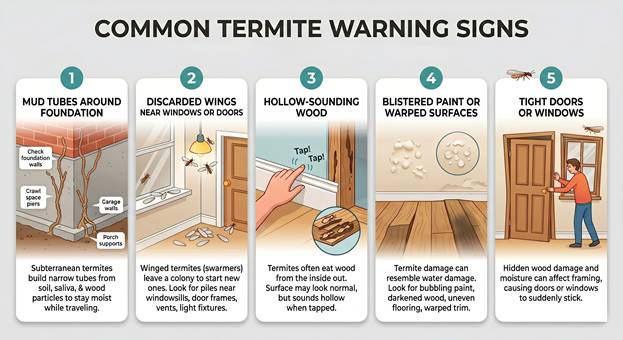 Illustration of common termite warning signs for Charlotte homeowners including mud tubes and wood damage