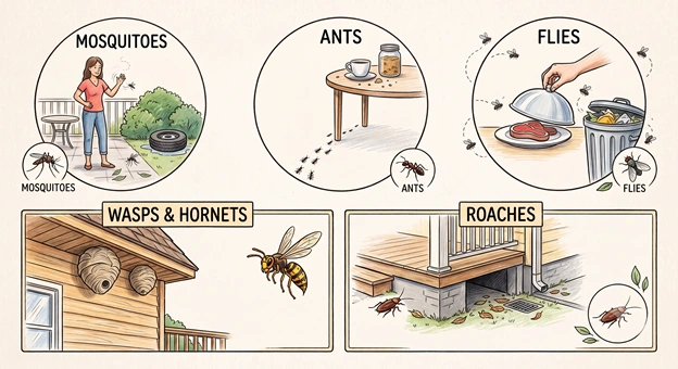 A chart created by Superior Pest Management that details backyard pests, such as mosquitoes and wasps, suggests hiring a local pest control provider.