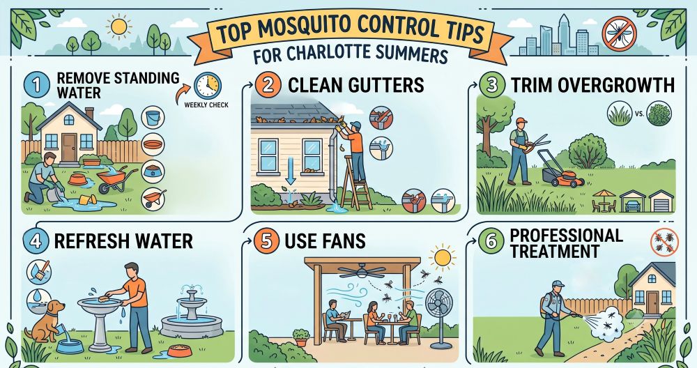 Infographic illustration showing the top mosquito control tips for backyard prevention