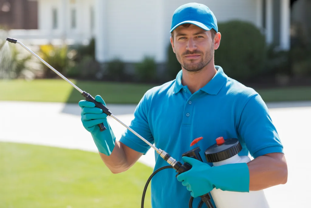 Superior Pest Management technician in blue uniform spraying pesticide, providing Pest Control in Concord, NC