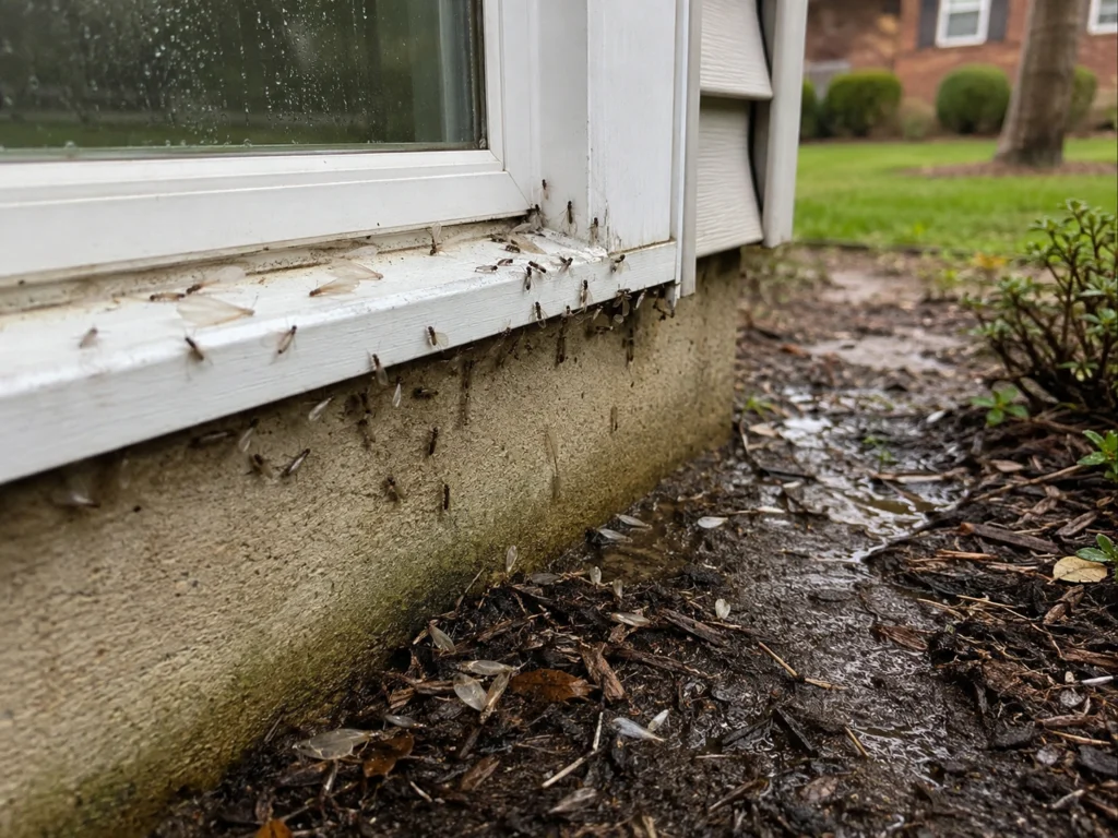 Termite swarmers near a North Carolina home foundation after rain, showing signs of seasonal termite activity