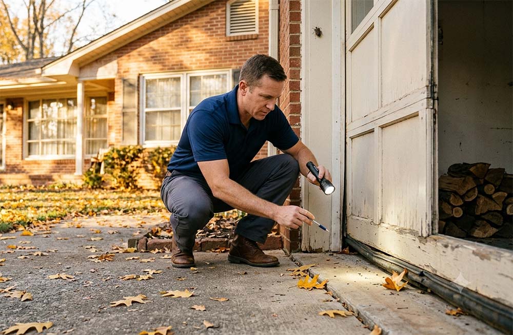 Superior Pest Management inspector checks garage door gap for pests in Charlotte.
